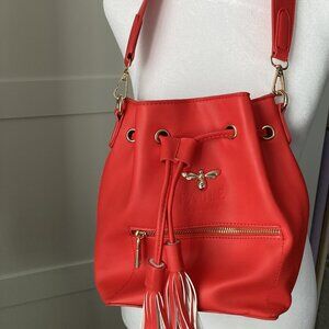 Fable Bright Red Handbag with wide strap & tassels, bee logo, pull string